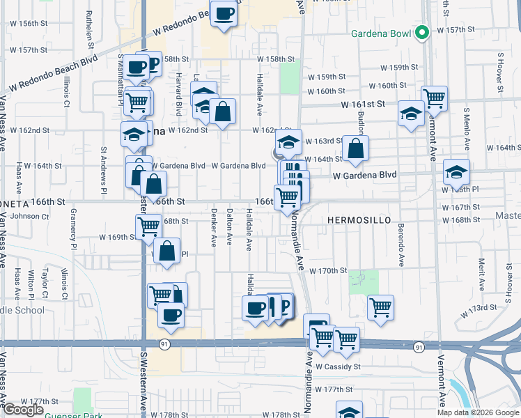 map of restaurants, bars, coffee shops, grocery stores, and more near 1458 166th Street in Gardena