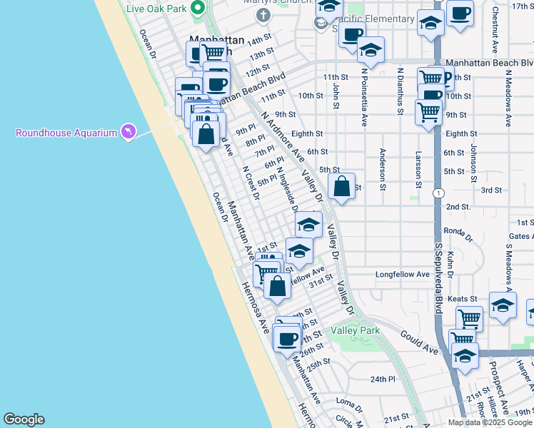 map of restaurants, bars, coffee shops, grocery stores, and more near 321 3rd Street in Manhattan Beach