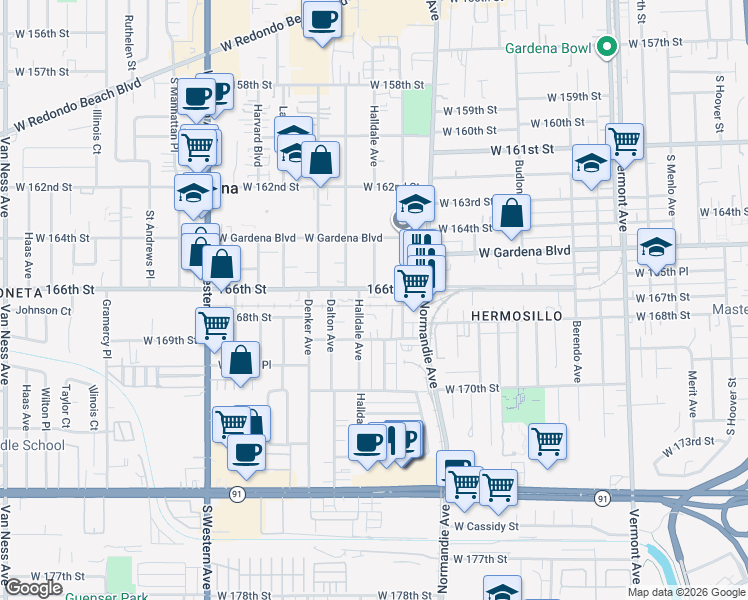 map of restaurants, bars, coffee shops, grocery stores, and more near 1458 166th Street in Gardena