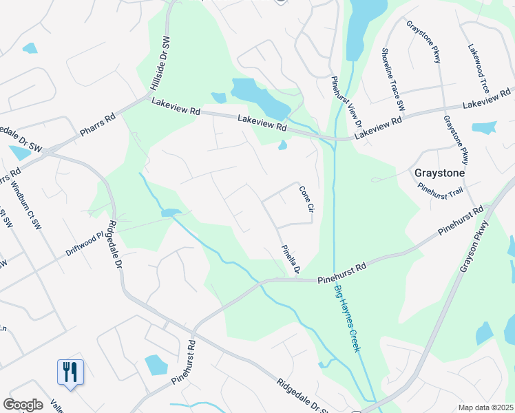 map of restaurants, bars, coffee shops, grocery stores, and more near 2130 Hutton Drive in Grayson