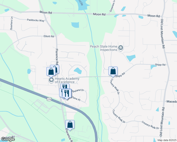 map of restaurants, bars, coffee shops, grocery stores, and more near 4954 Shipp Road in Powder Springs