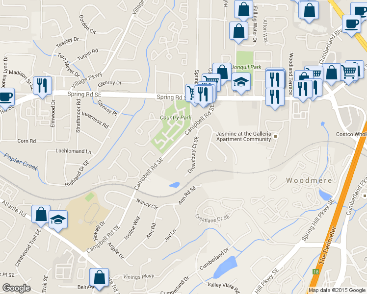 map of restaurants, bars, coffee shops, grocery stores, and more near 1506 Wedmore Court Southeast in Smyrna