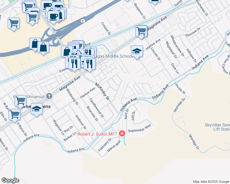 map of restaurants, bars, coffee shops, grocery stores, and more near 3620 Snowdrift Drive in Riverside