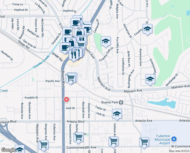 map of restaurants, bars, coffee shops, grocery stores, and more near 5468 Cajon Avenue in Buena Park