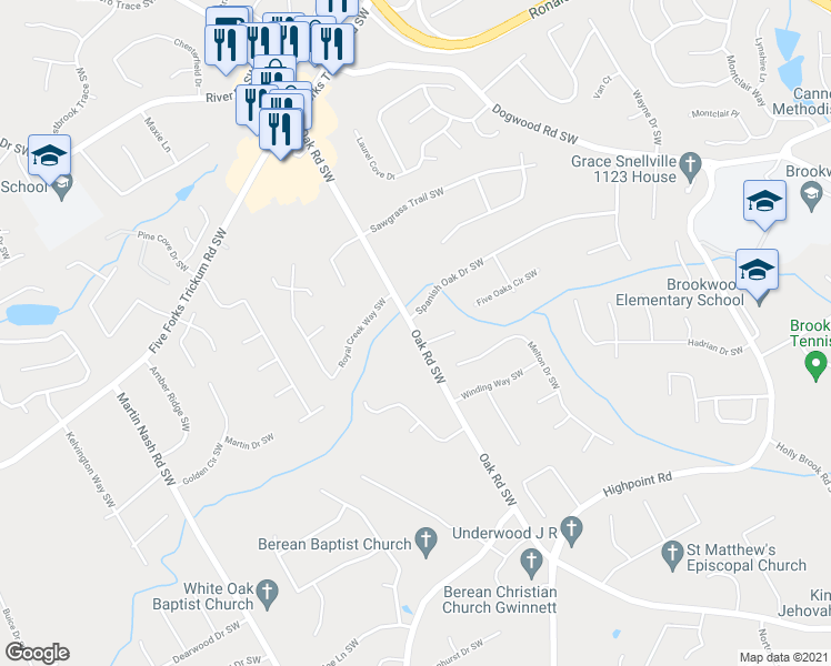 map of restaurants, bars, coffee shops, grocery stores, and more near 1150 Oak Road Southwest in Lilburn