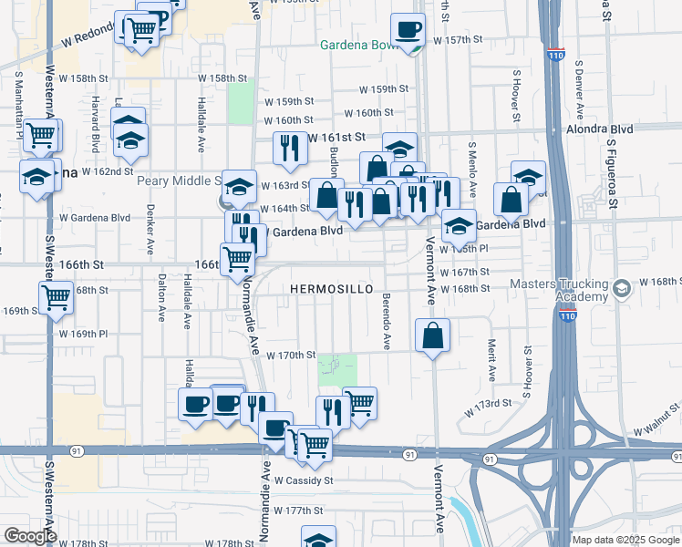 map of restaurants, bars, coffee shops, grocery stores, and more near 1208 166th Street in Gardena