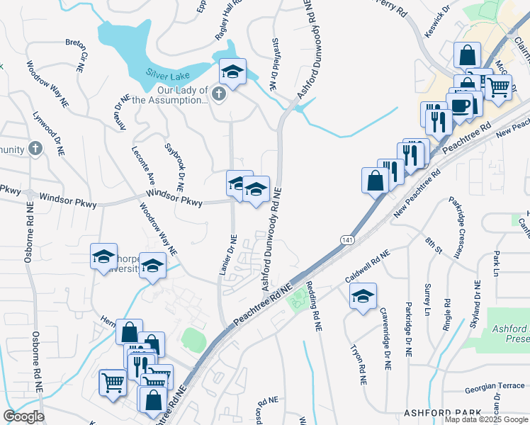 map of restaurants, bars, coffee shops, grocery stores, and more near 3110 Ashford Dunwoody Road in Atlanta