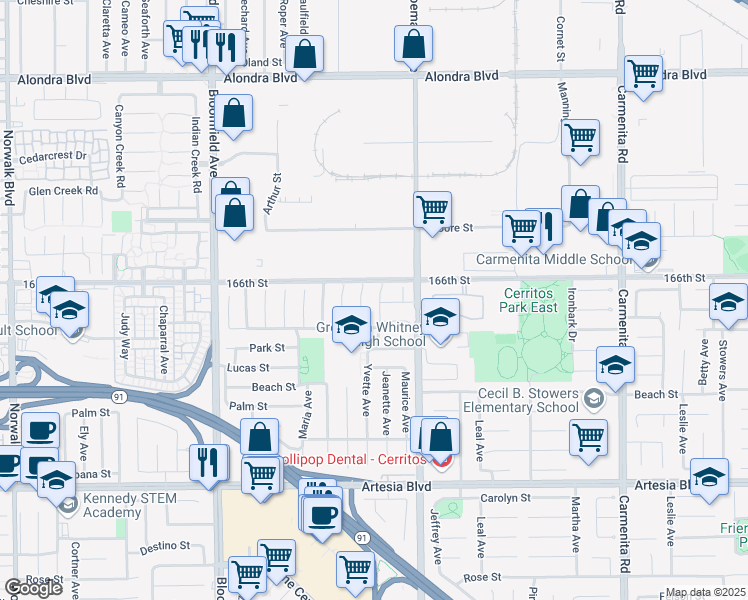 map of restaurants, bars, coffee shops, grocery stores, and more near 16623 Jeanette Avenue in Cerritos