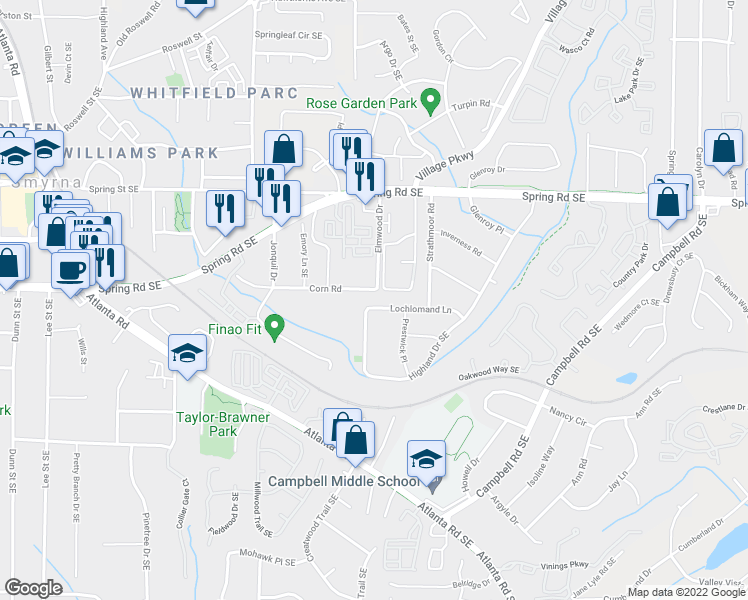 map of restaurants, bars, coffee shops, grocery stores, and more near 1837 Lochlomand Lane in Smyrna