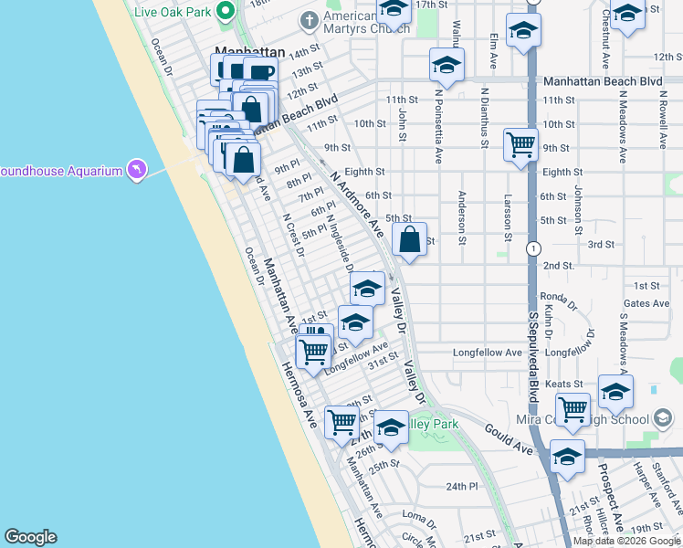 map of restaurants, bars, coffee shops, grocery stores, and more near 424 3rd Street in Manhattan Beach