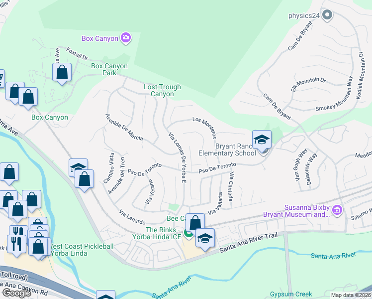 map of restaurants, bars, coffee shops, grocery stores, and more near 5435 Los Rios in Yorba Linda