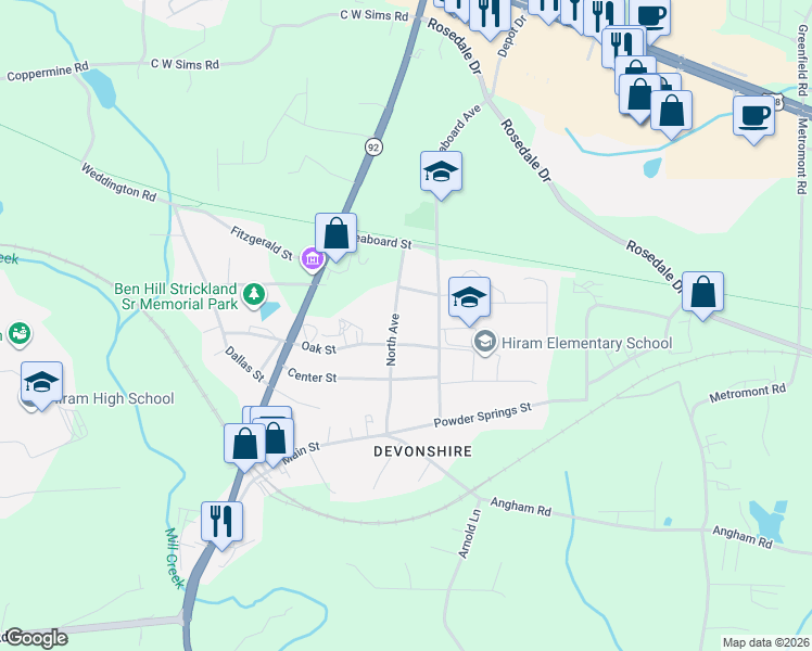 map of restaurants, bars, coffee shops, grocery stores, and more near 306 North Avenue in Hiram