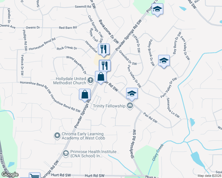map of restaurants, bars, coffee shops, grocery stores, and more near 2225 Pair Road Southwest in Marietta