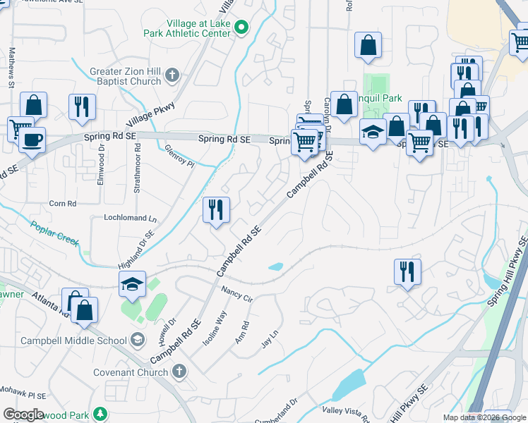 map of restaurants, bars, coffee shops, grocery stores, and more near 1101 Country Park Drive in Smyrna