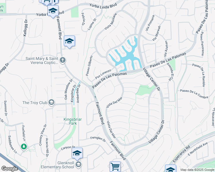 map of restaurants, bars, coffee shops, grocery stores, and more near 5540 Vía Sara in Yorba Linda
