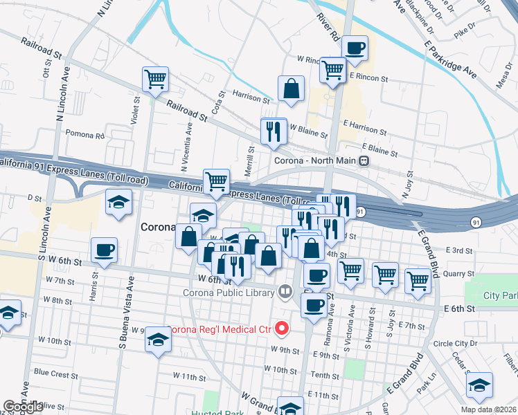map of restaurants, bars, coffee shops, grocery stores, and more near 204 West 2nd Street in Corona