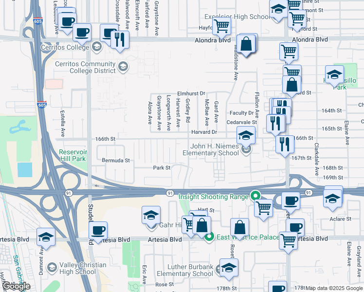 map of restaurants, bars, coffee shops, grocery stores, and more near in Cerritos