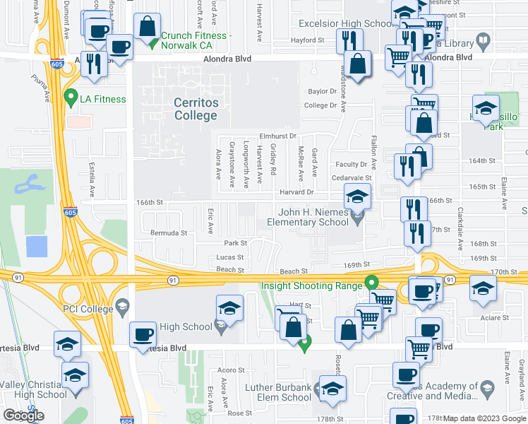 map of restaurants, bars, coffee shops, grocery stores, and more near 11340 Harvard Drive in Norwalk