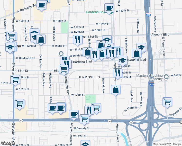 map of restaurants, bars, coffee shops, grocery stores, and more near 1208 166th Street in Gardena