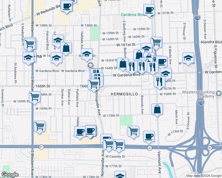 map of restaurants, bars, coffee shops, grocery stores, and more near 1267 166th Street in Gardena