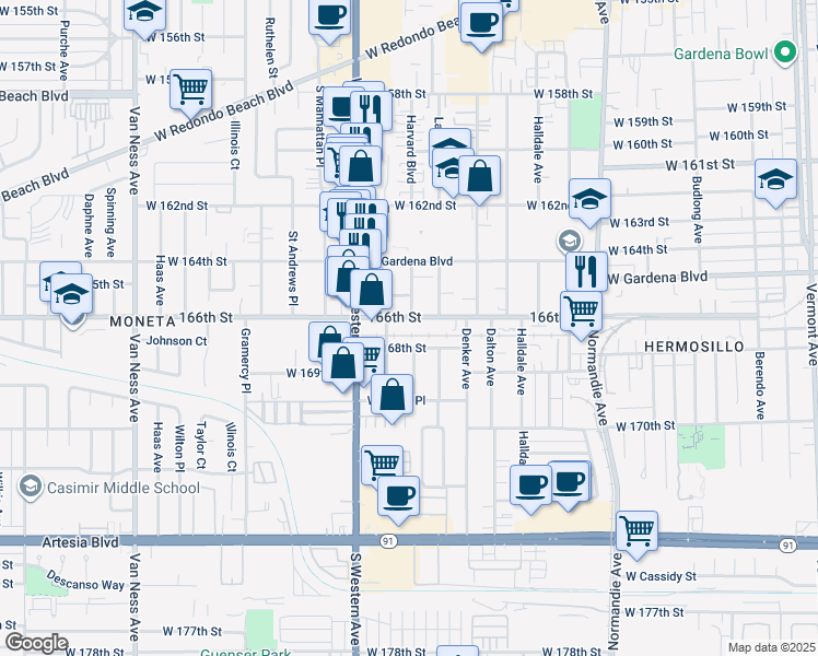 map of restaurants, bars, coffee shops, grocery stores, and more near 1651 166th Street in Gardena