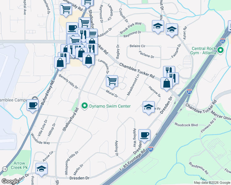 map of restaurants, bars, coffee shops, grocery stores, and more near 3062 Meadow Mere West in Chamblee