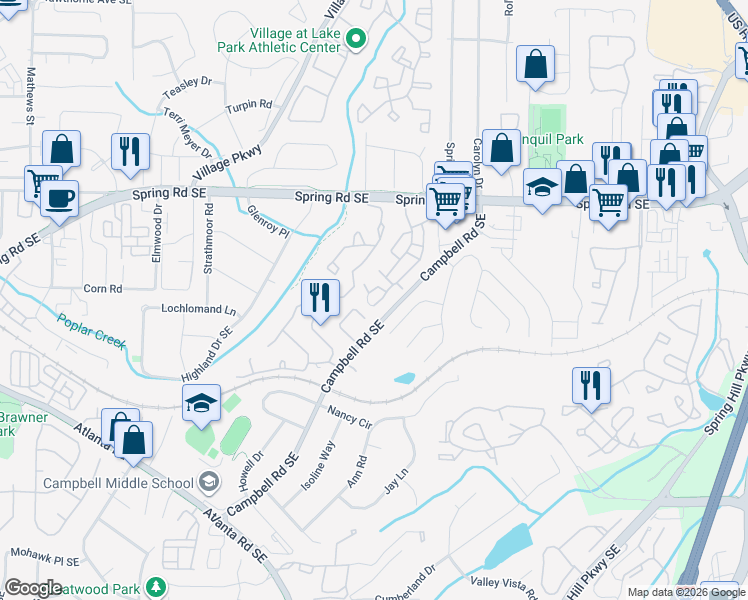 map of restaurants, bars, coffee shops, grocery stores, and more near 1101 Country Park Drive in Smyrna