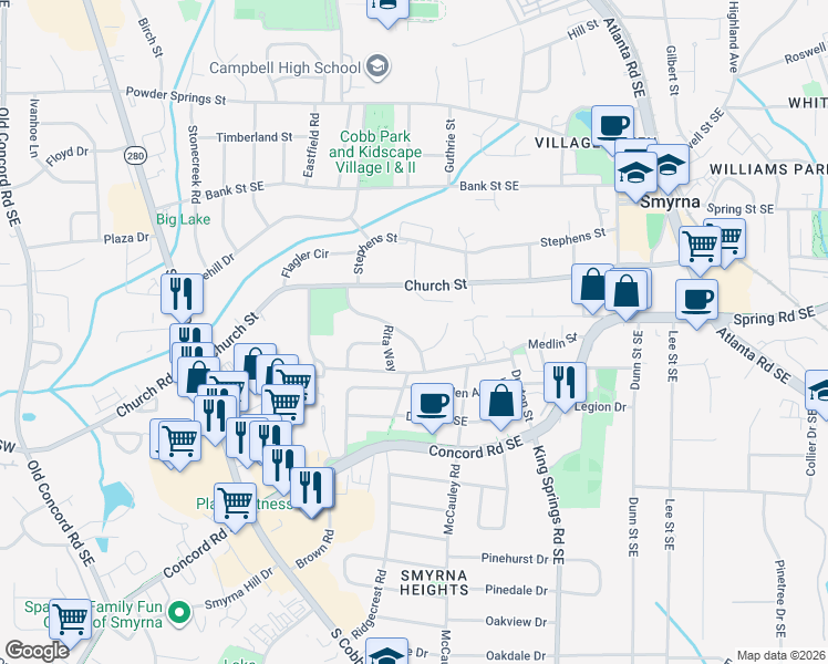 map of restaurants, bars, coffee shops, grocery stores, and more near 3071 Clifton Road in Smyrna