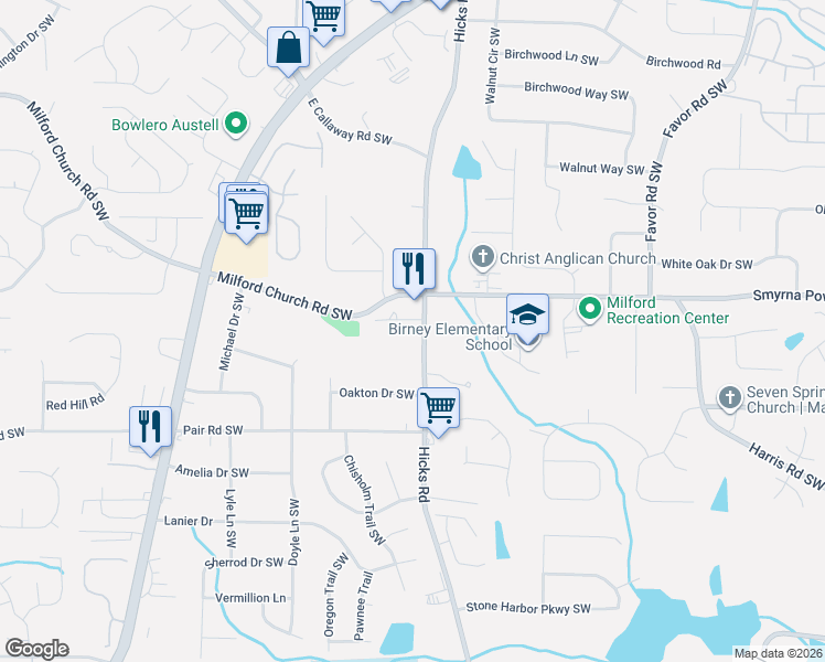 map of restaurants, bars, coffee shops, grocery stores, and more near 901 Old Milford Church Road Southwest in Marietta