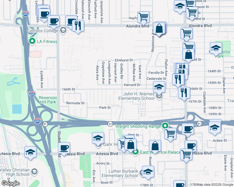 map of restaurants, bars, coffee shops, grocery stores, and more near 16625 Gridley Road in Cerritos