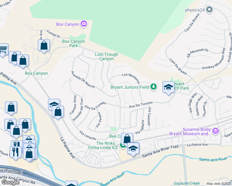 map of restaurants, bars, coffee shops, grocery stores, and more near 24575 Avenida De Marcia in Yorba Linda