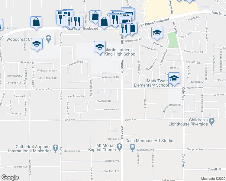 map of restaurants, bars, coffee shops, grocery stores, and more near 9406 Kentfield Court in Riverside