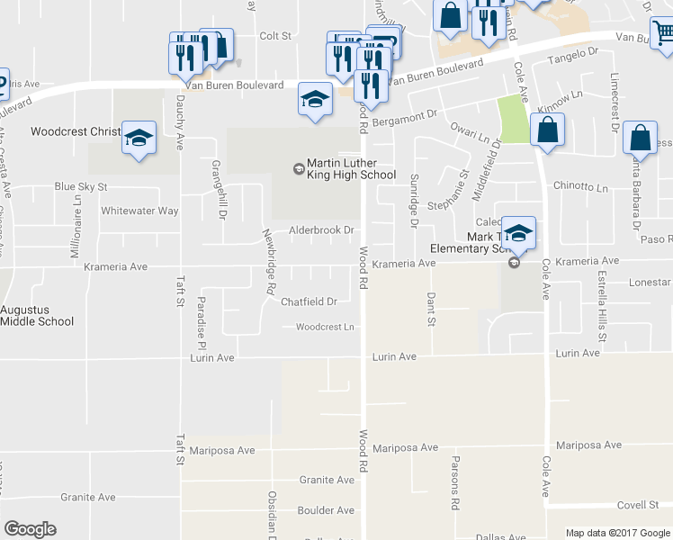 map of restaurants, bars, coffee shops, grocery stores, and more near 9406 Kentfield Court in Riverside