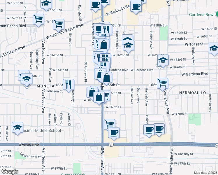 map of restaurants, bars, coffee shops, grocery stores, and more near 1744 166th Street in Gardena