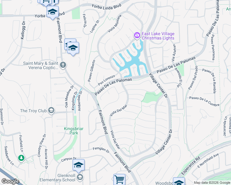 map of restaurants, bars, coffee shops, grocery stores, and more near 20255 Vía Monita in Yorba Linda
