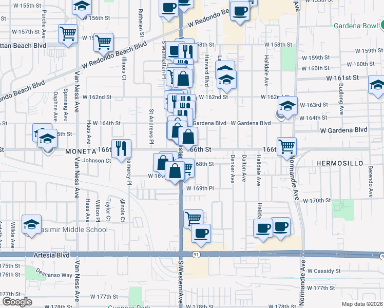 map of restaurants, bars, coffee shops, grocery stores, and more near 1744 166th Street in Gardena