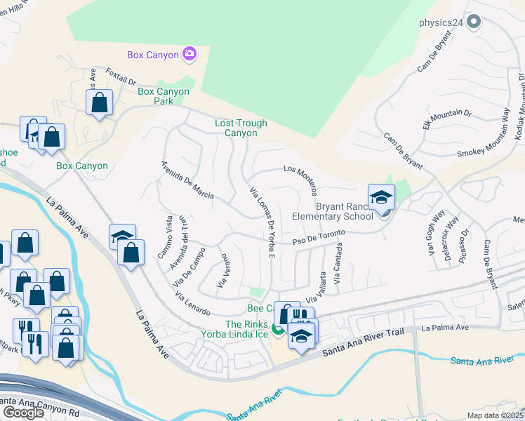 map of restaurants, bars, coffee shops, grocery stores, and more near 24575 Avenida De Marcia in Yorba Linda