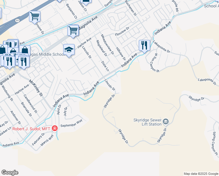 map of restaurants, bars, coffee shops, grocery stores, and more near 3364 Lincoln Street in Riverside