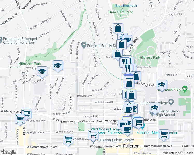 map of restaurants, bars, coffee shops, grocery stores, and more near 908 North Highland Avenue in Fullerton
