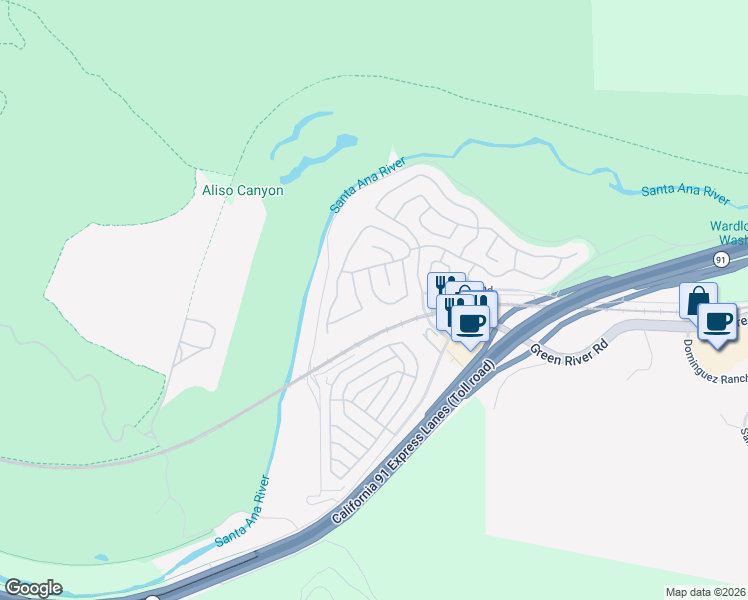 map of restaurants, bars, coffee shops, grocery stores, and more near 11529 Norgate Circle in Corona