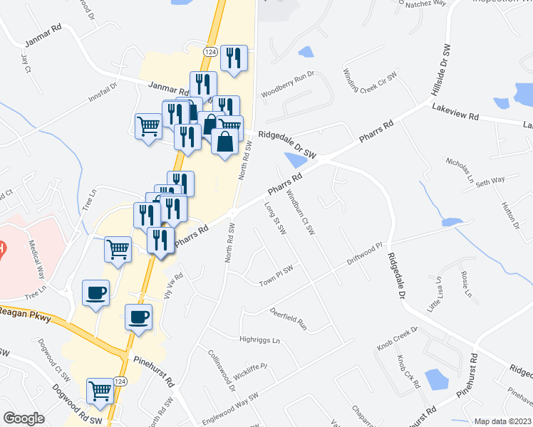 map of restaurants, bars, coffee shops, grocery stores, and more near 1829 Long Street Southwest in Snellville