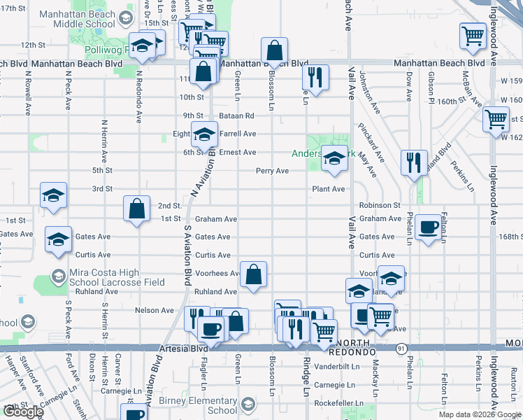 map of restaurants, bars, coffee shops, grocery stores, and more near 2016 Robinson Street in Redondo Beach
