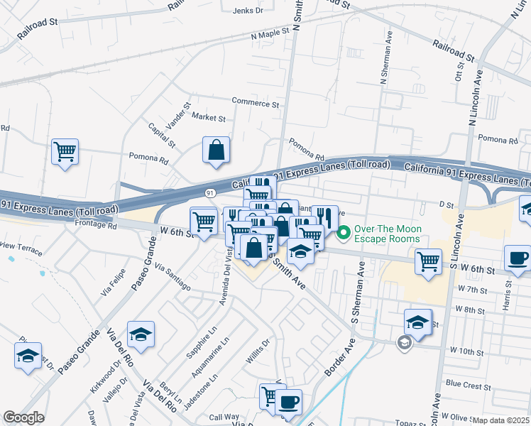 map of restaurants, bars, coffee shops, grocery stores, and more near 323 North Smith Avenue in Corona