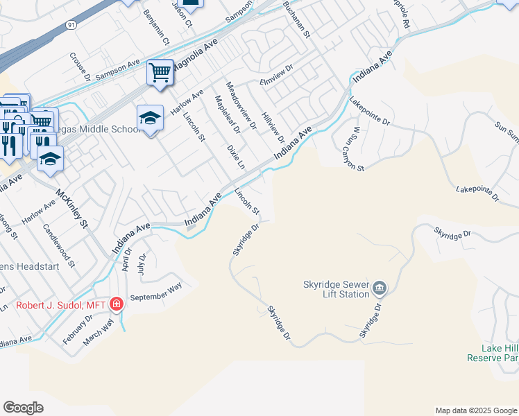 map of restaurants, bars, coffee shops, grocery stores, and more near 3362 Hollowood Court in Riverside