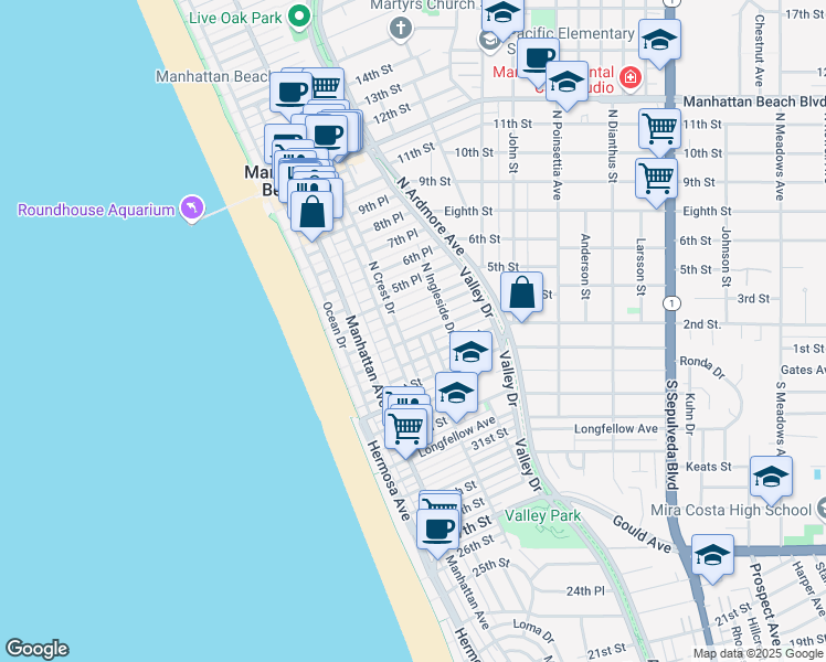 map of restaurants, bars, coffee shops, grocery stores, and more near 333 3rd Street in Los Angeles County