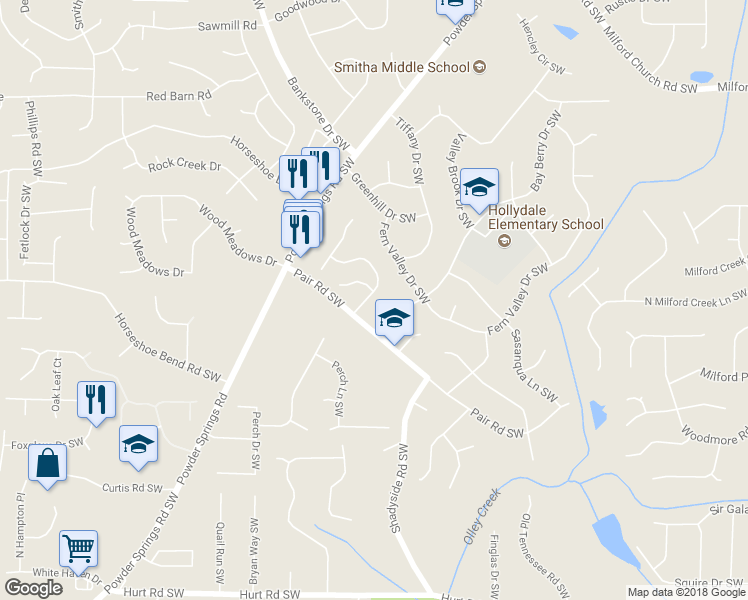 map of restaurants, bars, coffee shops, grocery stores, and more near 3001 Garland Drive Southwest in Marietta