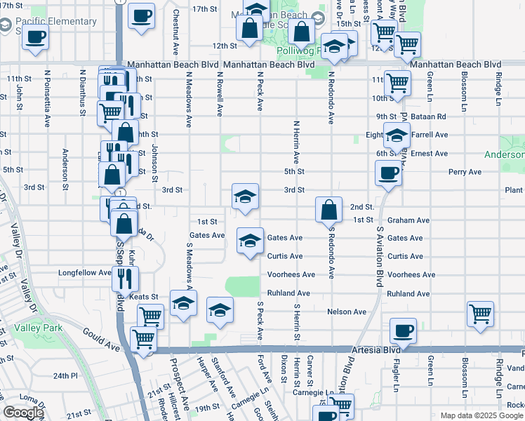 map of restaurants, bars, coffee shops, grocery stores, and more near 1500 2nd Street in Manhattan Beach