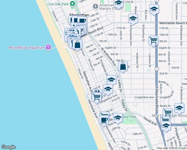 map of restaurants, bars, coffee shops, grocery stores, and more near 416 Highland Avenue in Manhattan Beach