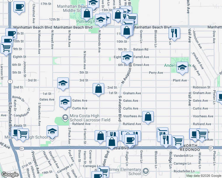 map of restaurants, bars, coffee shops, grocery stores, and more near in Los Angeles County