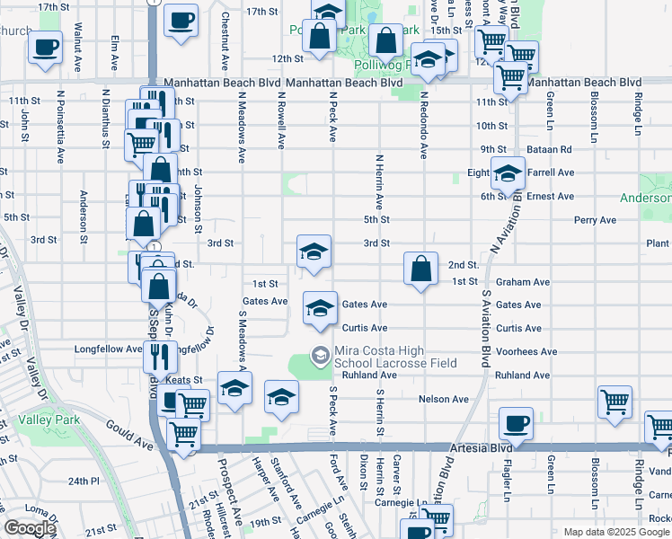 map of restaurants, bars, coffee shops, grocery stores, and more near 1500 2nd Street in Manhattan Beach